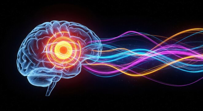 Translucent human brain with a red glowing center radiating colorful light waves - Powered by Adobe