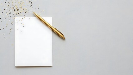 White Paper, Golden Pen and Confetti on Gray Backdrop, Flat Lay