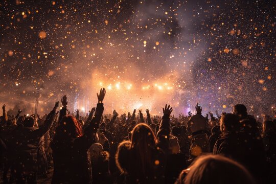 crowd raising hands during energetic night concert outdoors with bright stage lights and flying festive particles, joyful winter celebration mood, concept of event promotion - Powered by Adobe