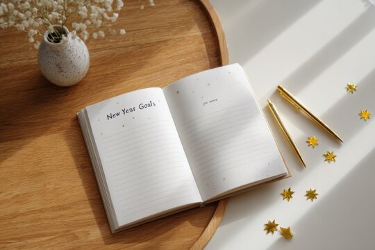 open notebook with new year goals page and golden pens on bright wooden surface in warm winter light, festive holiday atmosphere and clean minimal setting, concept of seasonal planning