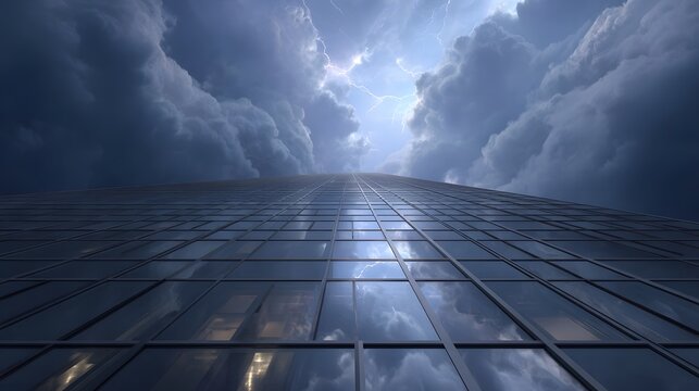 Towering skyscraper reflecting the dramatic morning sky with distant lightning