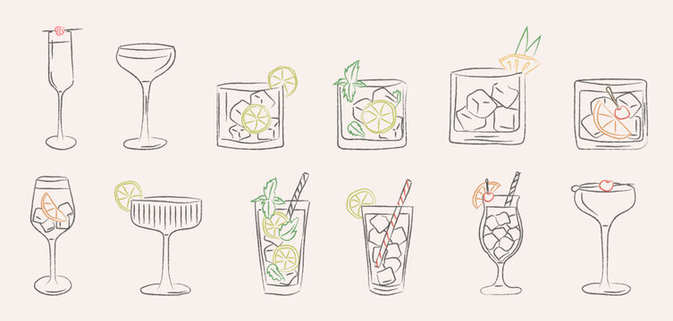Hand drawn collection of retro cocktails and drinks in various glasses. Vintage vector illustration of classic beverages in sketch doodle style for bar, wedding, or holiday party menu. 