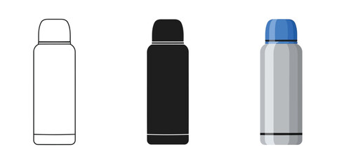 Three Thermos flask icons showing outline, silhouette, and color illustration of a portable vacuum insulated beverage container