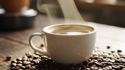 Steaming Cup of Coffee with Roasted Beans - A white cup of freshly brewed coffee sits atop a pile of dark roasted coffee beans. Steam rises from the hot beverage on a wooden surface.