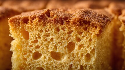 Close-up of a golden cake slice revealing its airy texture and delicious look. Baked perfection in every bite, a treat to be savored with warmth and joy.