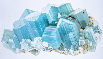 A cluster of raw aquamarine crystals in pale blue with hexagonal formations, isolated on pure white background.