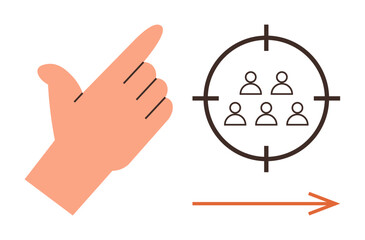Hand pointing toward a target scope with people inside, signifying precision, goal-setting, or focus. Ideal for marketing, business strategy, recruitment, decision-making, planning leadership