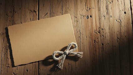 Blank Card with Twine Bow on Rustic Wooden Surface, Mockup