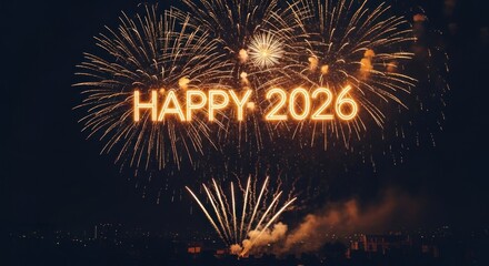 Vibrant fireworks light up night sky above city, displaying glowing 'HAPPY 2026' text