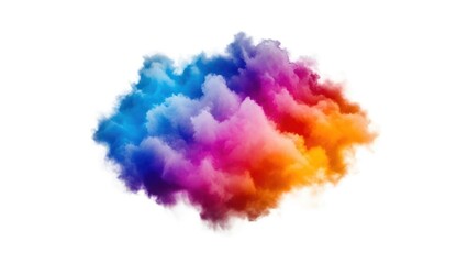 Vibrant, fluffy colorful powder explosion cloud against a pure white background
