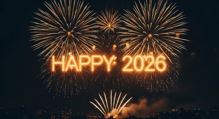 Vibrant fireworks explode over a city skyline at night, with glowing 'HAPPY 2026' text