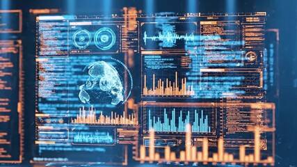 Futuristic digital display with data visualizations and a glowing world map in a dark room - Powered by Adobe