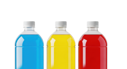 Three plastic beverage bottles with brightly colored liquid isolated on white background