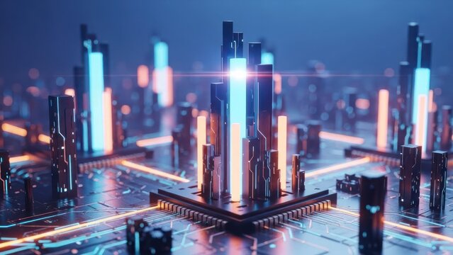 Vibrant futuristic cityscape on a circuit board with glowing data processing towers