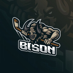 Bison mascot logo design vector. Bison hockey illustration for sport team.