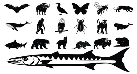 Obraz premium Silhouette collection featuring diverse animal species including mammals birds and insects artfully arranged