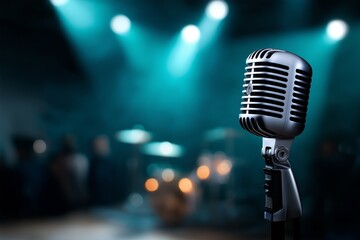 Microphone on stage with vibrant cyan and teal lighting, creating an energetic atmosphere for a live band performance, capturing the essence of music and entertainment