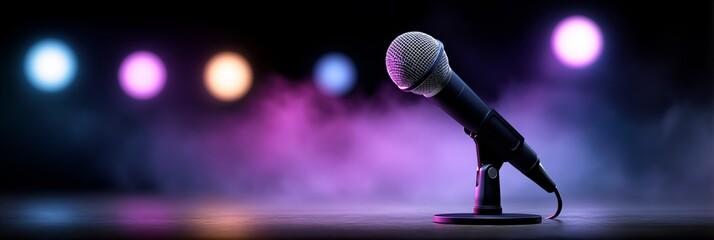 Microphone standing on stage with vibrant neon purple lights and soft smoke, creating an engaging atmosphere for performances and events, ideal for music and entertainment themes
