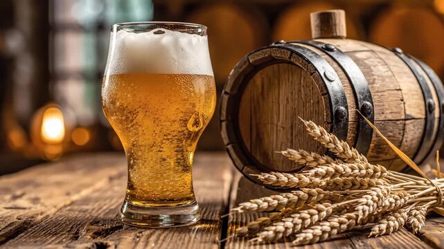Beer Glass Barrel and Wheat on Wooden Table - A glass of beer sits next to a wooden barrel and a bundle of wheat on a rustic wooden table.