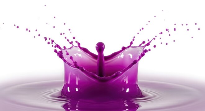 Vibrant purple liquid splash, crown shape, central droplet, with radiating ripples on white - Powered by Adobe