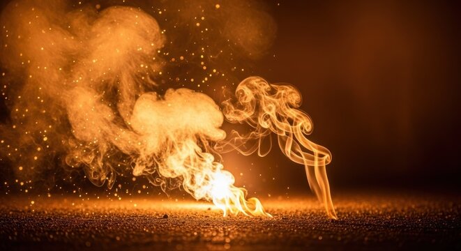 Vibrant orange smoke plumes with golden sparks burst from a textured floor