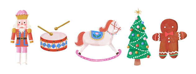 Hand Drawn Watercolor Christmas Clipart Set – Nutcracker, Drum, Rocking Horse, Tree & Gingerbread Man