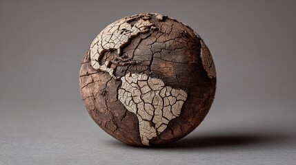 A cracked earth globe symbolizing environmental degradation. The surface is dry and fragmented, a stark visual reminder of ecological challenges and the need for preservation.