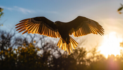 Bird of prey in flight against a sunset sky.