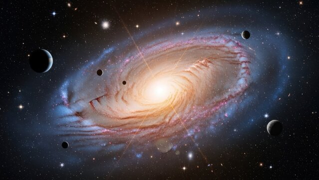 Vibrant spiral galaxy in deep space with multiple planets orbiting, glowing core