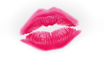 Vivid hot pink kiss mark, a textured lip print, centered on a white background