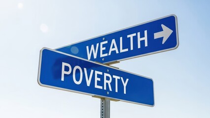 WEALTH" and "POVERTY" road signs on a pole against a blue sky, symbolizing choice
