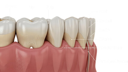 Detailed illustration of teeth anatomy with labels isolated on transparent background