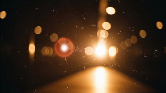 Fototapeta Warm bokeh from headlights and streetlights illuminates a dusty, atmospheric night scene