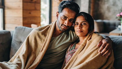 Couple wrapped in blanket on sofa indoors