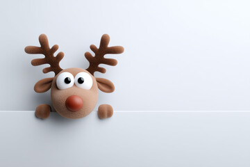 Cute reindeer with big eyes and red nose peeking over white surface, playful holiday decoration with soft texture and antlers