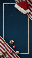 Christmas hat and decorations with striped fabric frame on dark background for festive greeting card