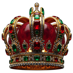 Ornate gold crown with jewels red velvet and green accents isolated on transparent background