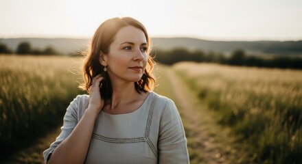 Woman standing in a sunlit golden field, looking right, with a path winding behind her