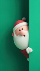 Santa Claus peeking from behind green wall with surprised expression, festive holiday character in red and white outfit