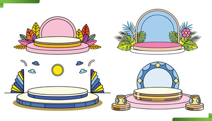 Four stylized decorative pedestals or stages with colorful backgrounds and floral accents for product display