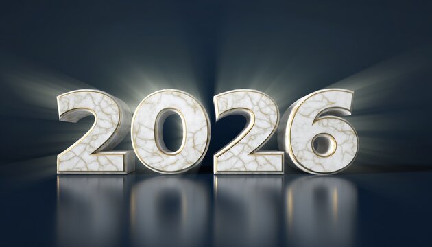 Shining 2026 year number with glowing light rays on a reflective dark surface, symbolizing future and new beginnings.