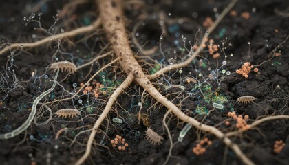 Fototapeta premium Soil ecosystem around plant roots reveals hidden network of fungi bacteria and tiny insects symbolizing climate friendly regenerative agriculture in spring