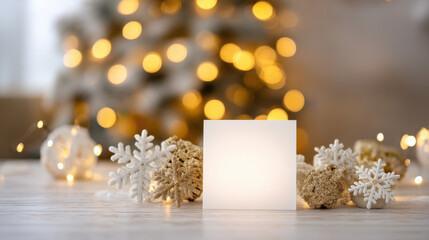 Winter decoration with white and gold snowflakes and glowing lights creating warm festive atmosphere on wooden surface