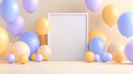 Blank white square frame surrounded pastel balloons in yellow, purple, and blue colors, creating soft and festive atmosphere