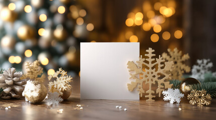 Blank white card with golden and white snowflake decorations on wooden table with blurred Christmas lights background
