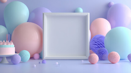 Blank white square frame with pastel balloons and cake in soft purple and pink tones for celebration or party background