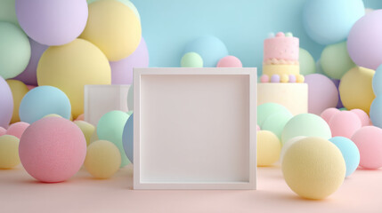 Blank square frame on pastel colorful foam balls background with cake, soft and playful party decoration