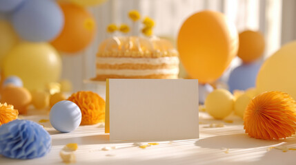 Blank card on table with yellow and blue party decorations and cake in background, bright festive atmosphere