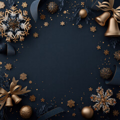 Christmas decoration with golden bells, snowflake ornaments, and festive baubles on dark background with space for text