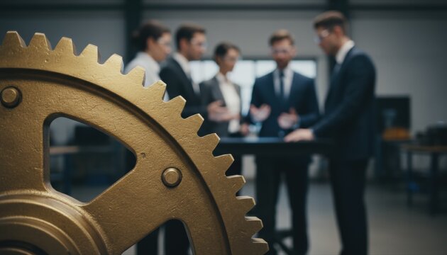 large gear in foreground with business team discussing strategy in industrial environment symbolizing teamwork and process - Powered by Adobe